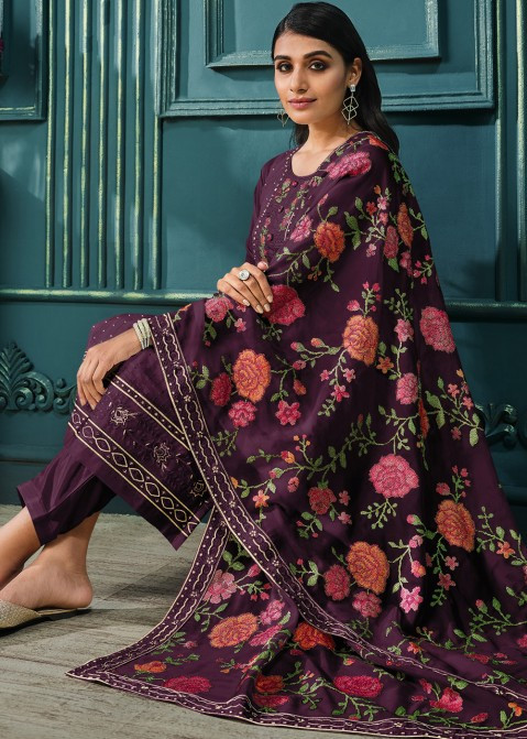 Purple Embroidered Organza Suit With Dupatta